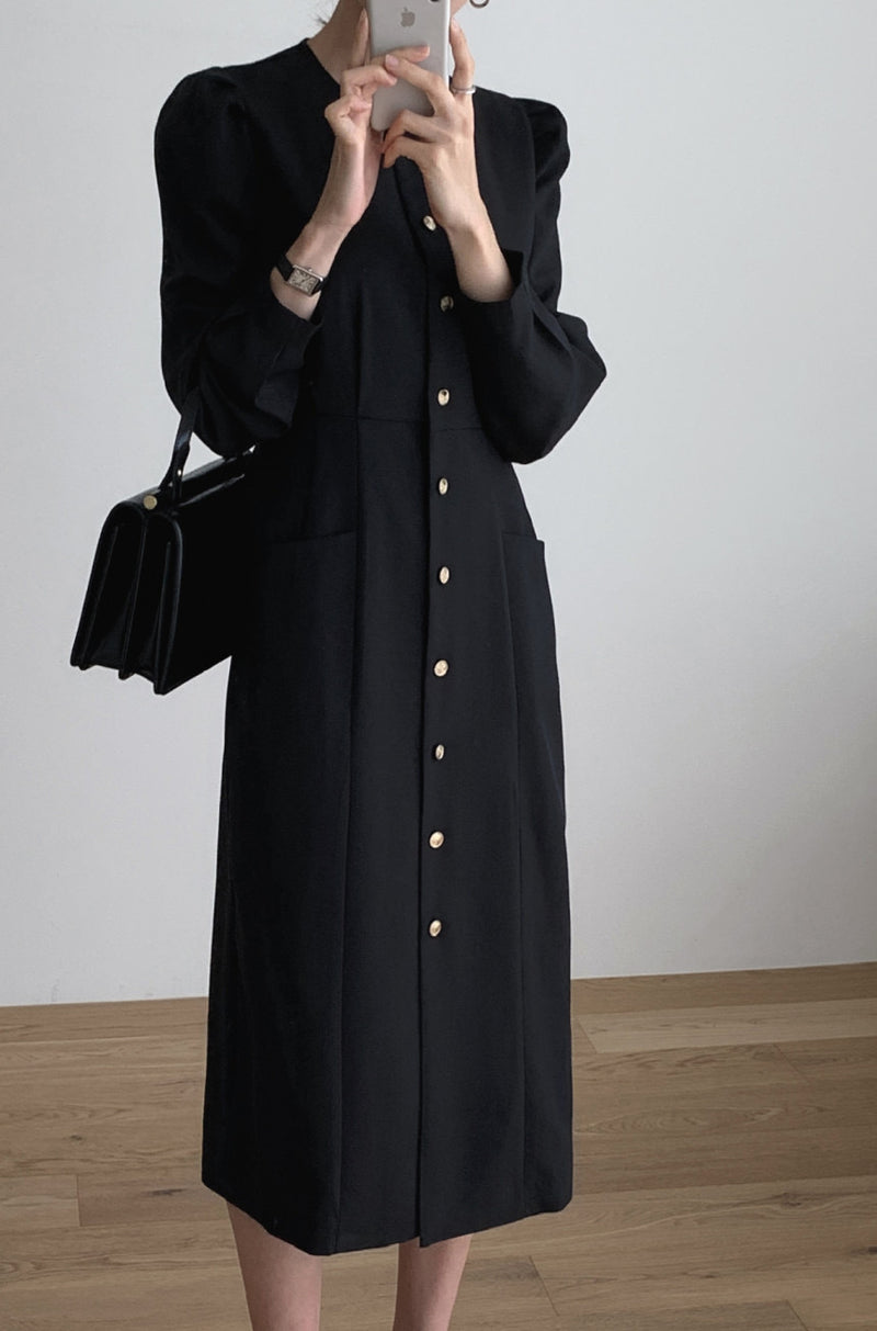 French Elegance Long Sleeve Round Neck Button Down Fitted Midi Dress