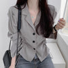 Long Sleeve Blouse with Notched Lapels and Drawstrings