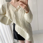 Oversized V-Neck Cable Knit Sweater with Pearly Decorations