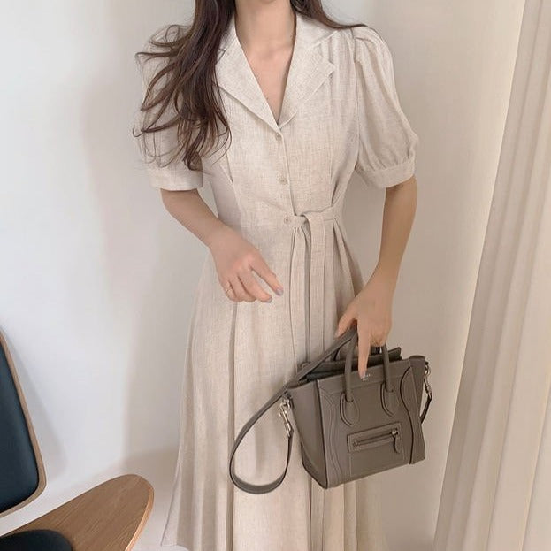 Linen Shirt Dress with Notched Lapels