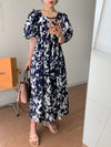 Watercolor Print Puffed Sleeves Dress with Back Details