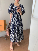 Watercolor Print Puffed Sleeves Dress with Back Details