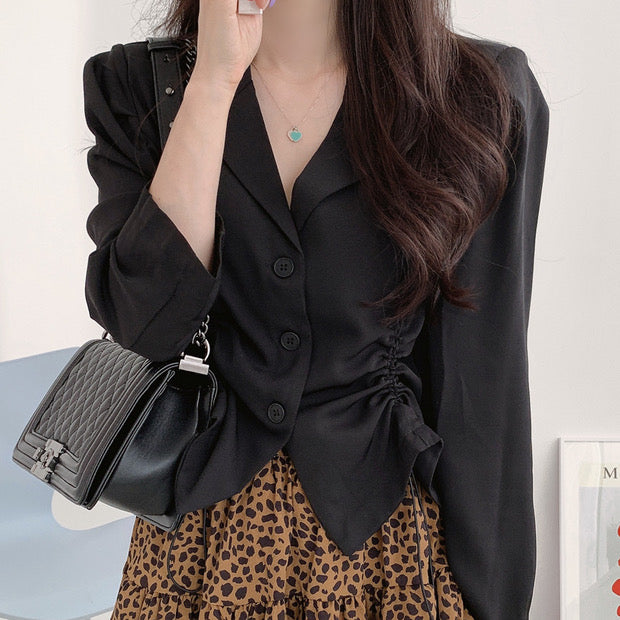 Long Sleeve Blouse with Notched Lapels and Drawstrings