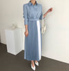 Two Tone Color Block Pleated Long Sleeve Shirt Dress