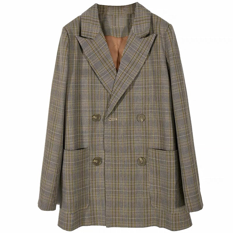 Korean Style Casual A-Line Blazer in Brown Plaids