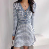 Blue Houndstooth Long Sleeve V-Neck Elegant Dress