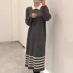 Korean Style White Collar Polo Knitted Dress with Stripes