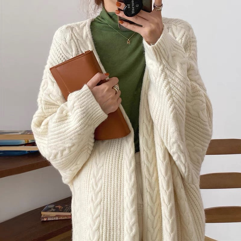 Cable Knit Open Front Relaxed Long Cardigan