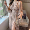 Long Sleeve Chiffon Maxi Dress with Cutout Waist and Side Slit