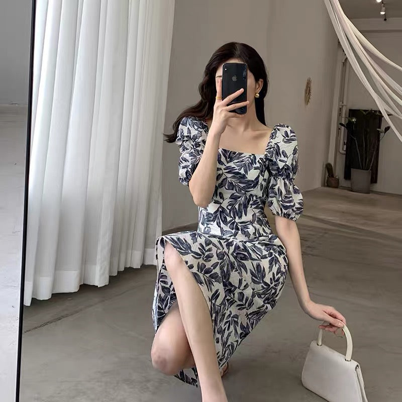 Vacation Vibe Leaf Print Square Neck Dress