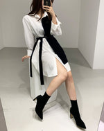 Color Block Metal Ring Belted Shirt Dress