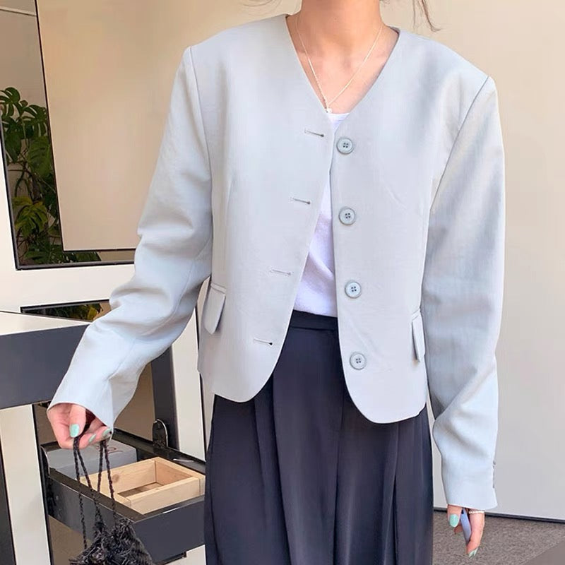 Korean Style Minimalist Collarless Cropped Blazer