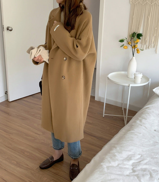 100 Double Faced Virgin Wool Long Double Breasted Cocoon Coat