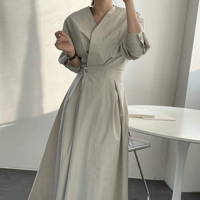 Minimalist Faux Wrap V-Neck Cotton Midi Dress