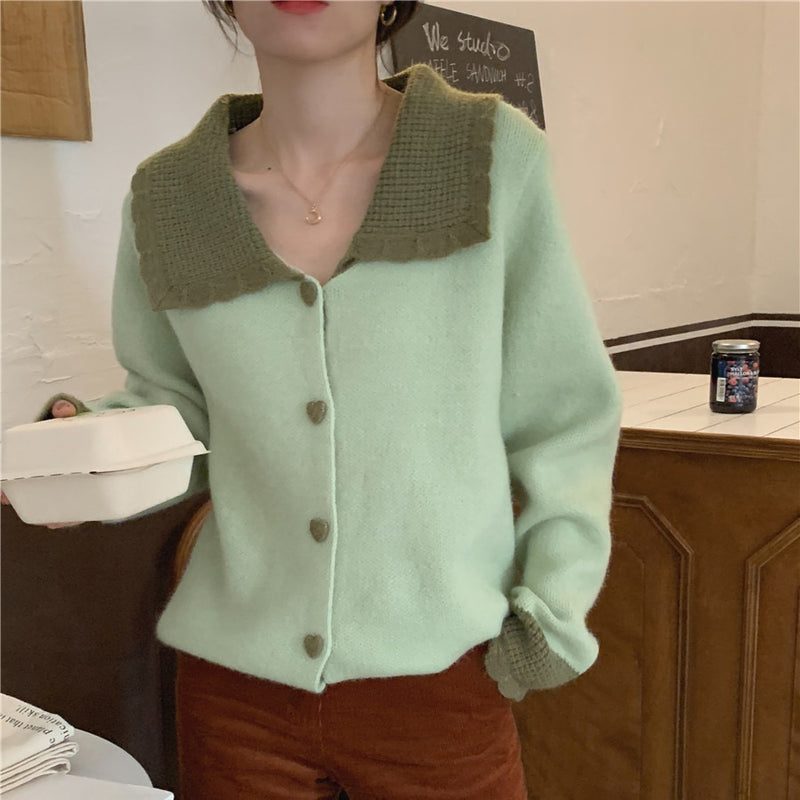 Two Tone Color Contrast Cardigan with Oversized Collar