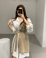 Color Block Metal Ring Belted Shirt Dress