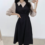 Korean Style Color Contrast Dress with Asymmetrical Collar