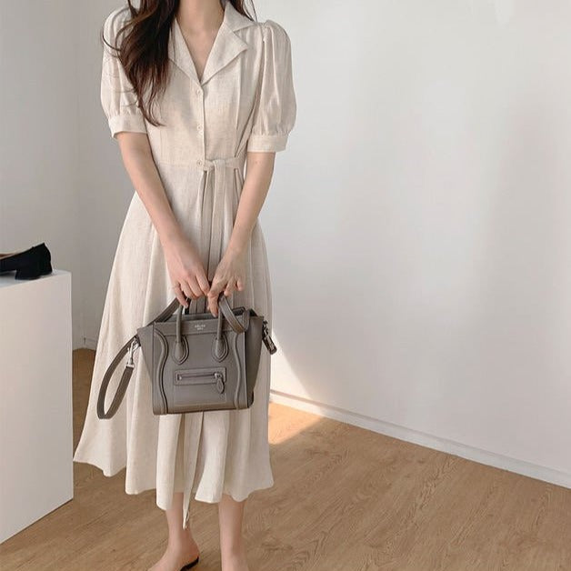 Linen Shirt Dress with Notched Lapels