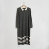 Korean Style White Collar Polo Knitted Dress with Stripes