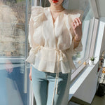 Long Sleeve Belted Chiffon Blouse with Ruffled Shoulder and Hems