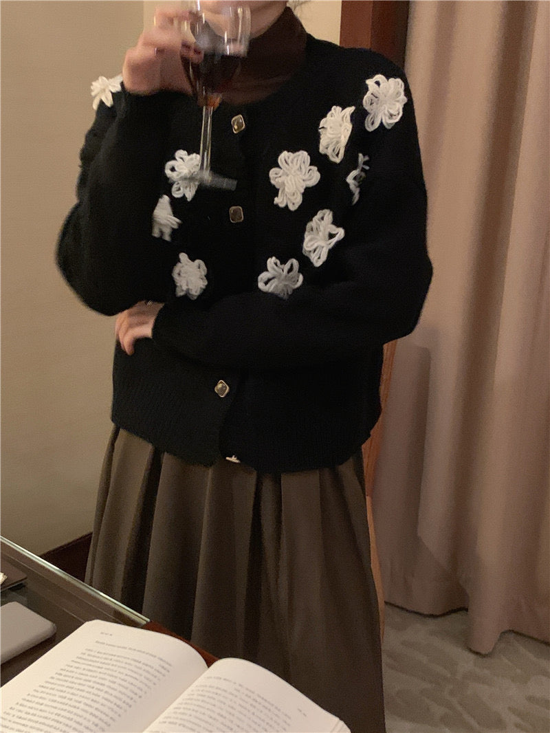 Retro Style Black Cardigan with 3D White Flowers