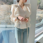 Long Sleeve Belted Chiffon Blouse with Ruffled Shoulder and Hems