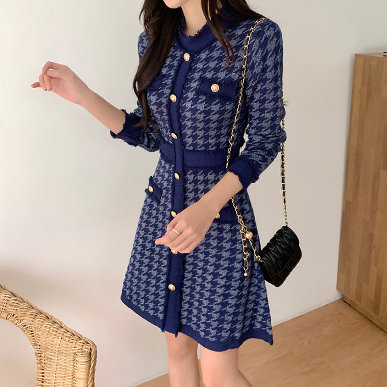 Classic Dark Blue Houndstooth Buttoned Knit Dress