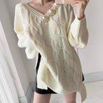 Oversized V-Neck Cable Knit Sweater with Pearly Decorations