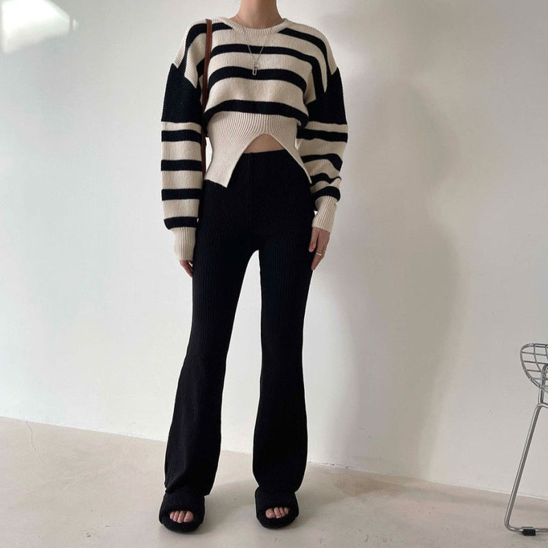 Round Neck Drop Shoulder Stripe Sweater with Gathered Waist and Slit