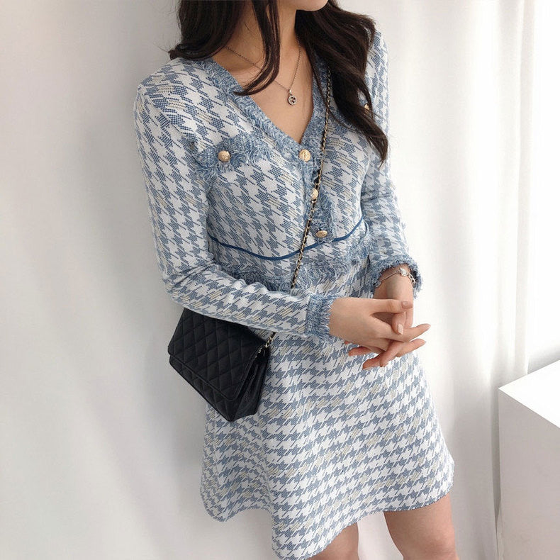 Blue Houndstooth Long Sleeve V-Neck Elegant Dress