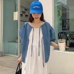 Denim Cardigan with Pleated Sling Dress Set