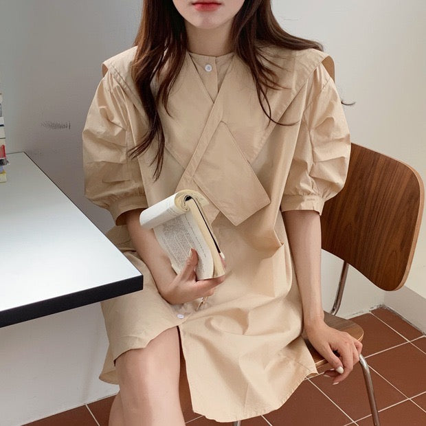 Designer Button-Up Shirt Dress with Oversized Cross-Over Collar