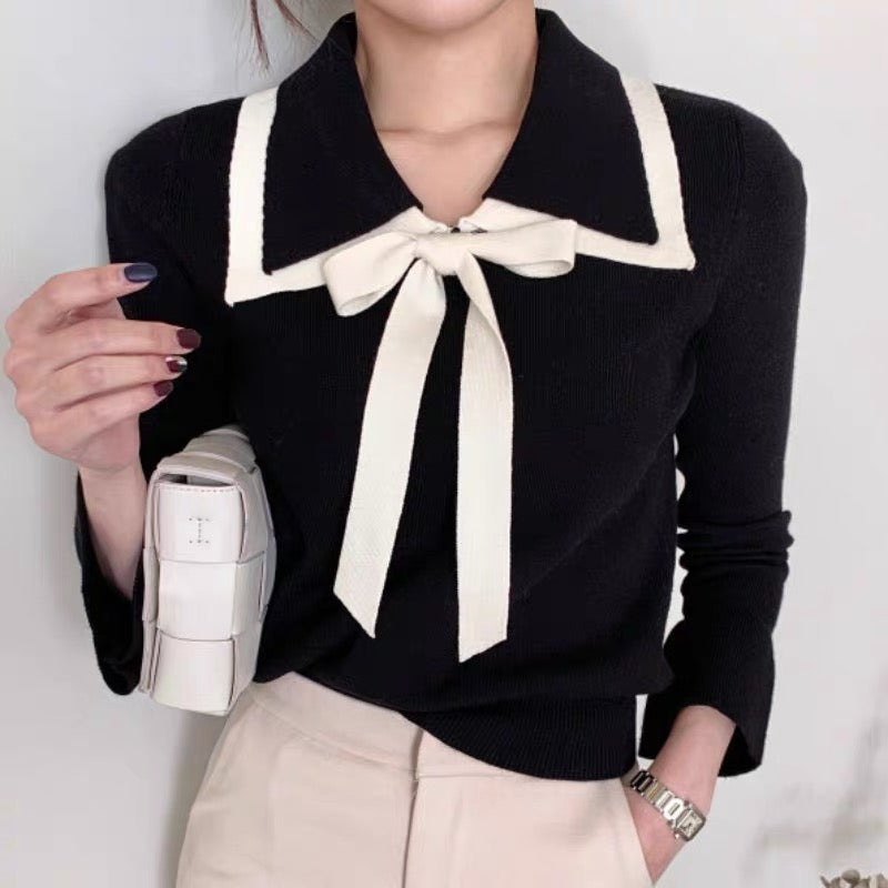 Knit Top with Double Layered Pointed Collar and Tie