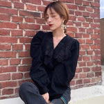 Lace Overlay Black Blouse with Oversized Collar