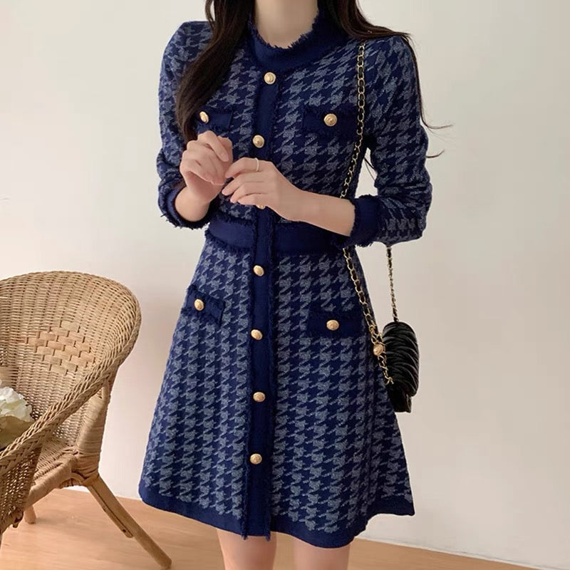 Classic Dark Blue Houndstooth Buttoned Knit Dress