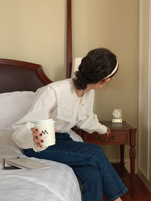 White Cotton Shirt with Oversized Eyelet Collar