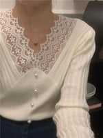 V-Neck Pearly Button Lace Top