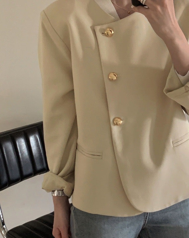 Round Neck Collarless Jacket with Side Buttons