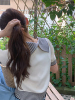 Short Sleeve Ivory Sweater Tee with Striped Trims and Sailor Collar