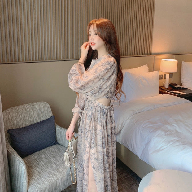 Long Sleeve Chiffon Maxi Dress with Cutout Waist and Side Slit