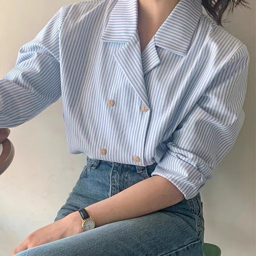 Blue Stripe Double Breasted Cotton Blouse