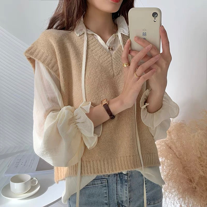 Chiffon Long Sleeve Ruffle Tie Neck Blouse with Knit Vest