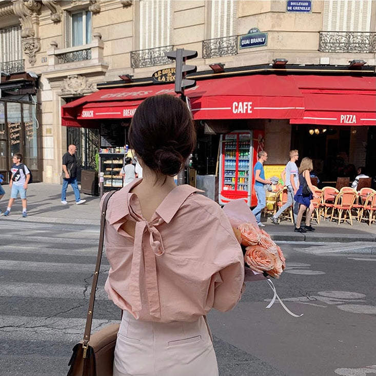 Pink Back Tie Button-Up Shirt