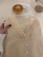 V-Neck Pearly Button Lace Top