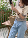 Short Sleeve Ivory Sweater Tee with Striped Trims and Sailor Collar