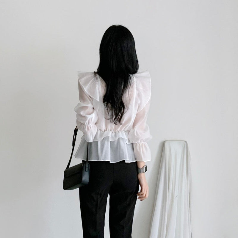 Long Sleeve Belted Chiffon Blouse with Ruffled Shoulder and Hems