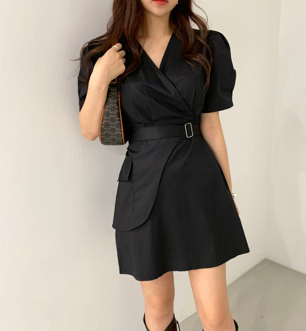 Short Sleeve Wrap Style Asymmetrical Belted Mini Dress