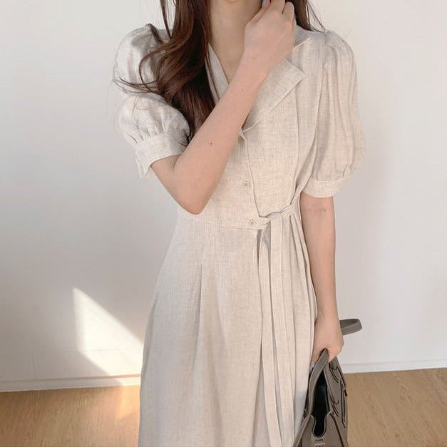 Linen Shirt Dress with Notched Lapels