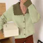 Two Tone Color Contrast Cardigan with Oversized Collar