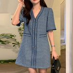 Short Sleeve V-Neck Blue Patterned Tweed A-Line Mini Dress